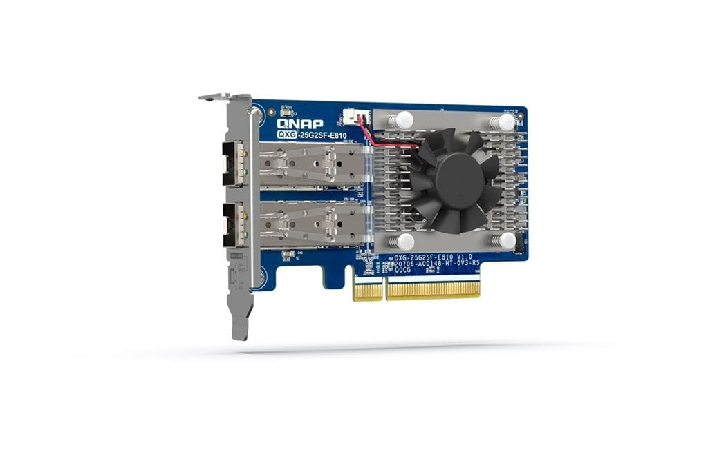 QNAP QXG-25G2SF-E810 network card in blue and silver, featuring dual SFP28 ports, a cooling fan, and a PCIe connector for high-speed 25000 Mbit/s connectivity.
