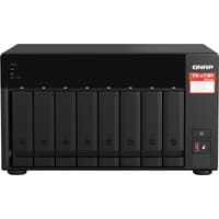 Black QNAP TS-873A NAS tower with eight drive bays, Ryzen V1500B, and 8 GB DDR4, featuring a red label on the front.