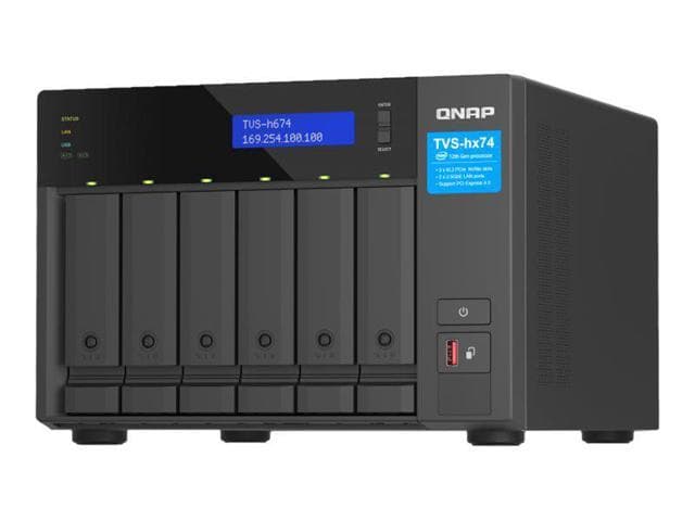QNAP TVS-H674 NAS tower in black with six drive bays, Intel® Core™ i5-12400 processor, 32 GB DDR4 RAM, and a blue LED display showing network information.