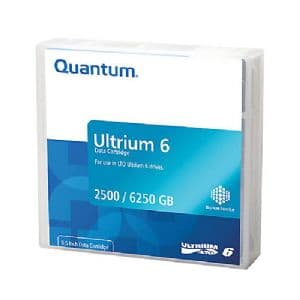 Quantum MR-L6LQN-LP data tape cartridge in a clear plastic case, featuring a blue and white label with "Ultrium 6" and storage capacity details, designed for LTO drives.