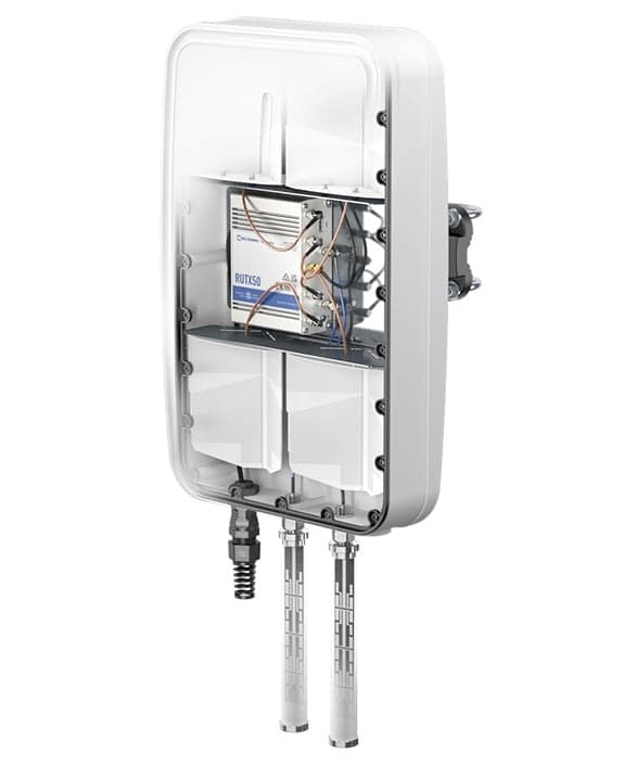 QuWireless AX50MO omni-directional antenna features a white weatherproof casing, visible internal components, and two protruding connectors for PoE/LAN connectivity.