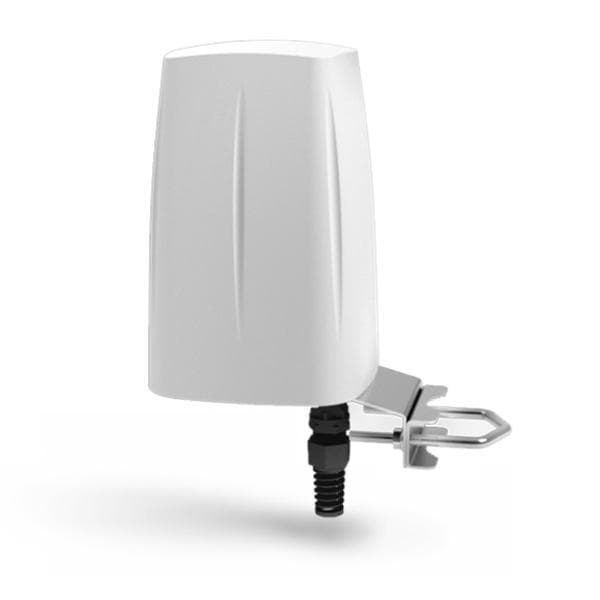 QuWireless QuSpot Omni-directional antenna in white, featuring a sleek design, 4-inch height, and a metal mounting bracket for easy installation.
