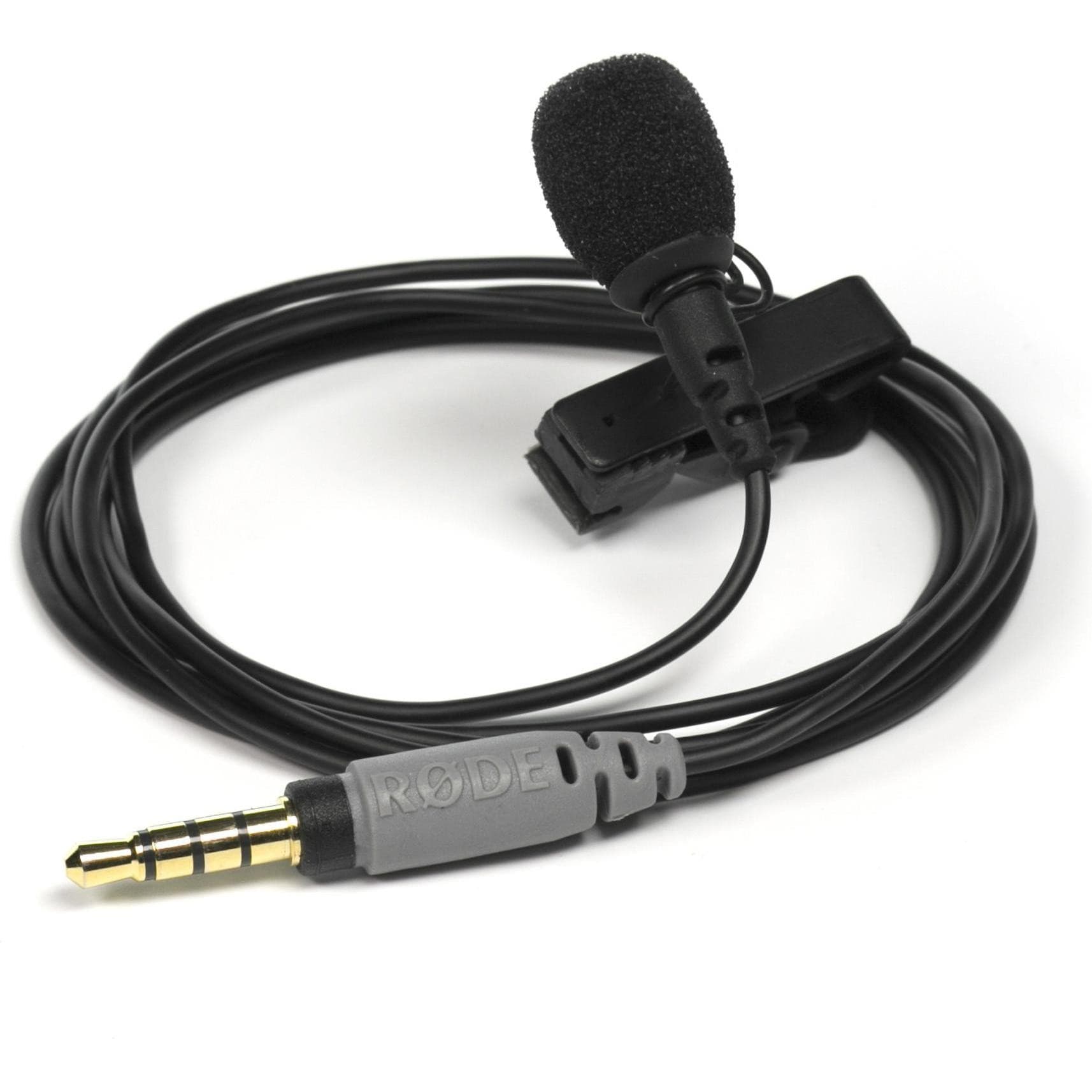 Black lavalier microphone with a foam windscreen, attached clip, and a 3.5mm TRS connector, featuring a flexible cable for easy positioning.