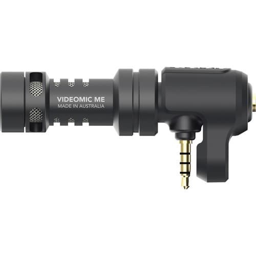 Compact black shotgun microphone with a 3.5mm jack, featuring a textured grip and a sleek design, labeled "VIDEOMIC ME" and made in Australia.