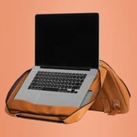 Brown full-grain leather laptop bag with integrated stand, shoulder strap, fits 15.6-inch laptop, by R-Go Tools.