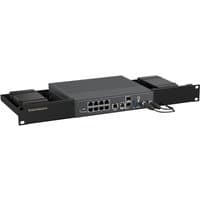 Black Rackmount.IT RM-CP-T7 mounting bracket with multiple ports and cables, designed for secure rack installation.