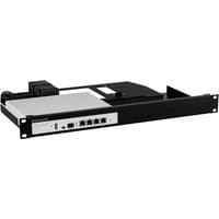 Black and silver Rackmount.IT RM-DE-T3 bracket with multiple ports and mounting slots for network equipment.