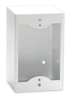 White surface mount box designed for Decora remote controls and panels, featuring a smooth finish, rounded edges, and pre-drilled holes for easy installation.
