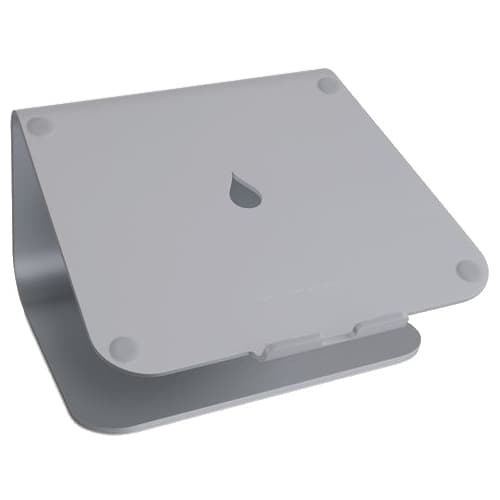 Silver aluminum laptop stand with a sleek, minimalist design featuring a cut-out drop shape on the top surface and rubberized feet for stability.
