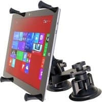Black RAM Mounts X-Grip with Twist-Lock suction, holding a 12" tablet, adjustable arms, and secure pivot base.