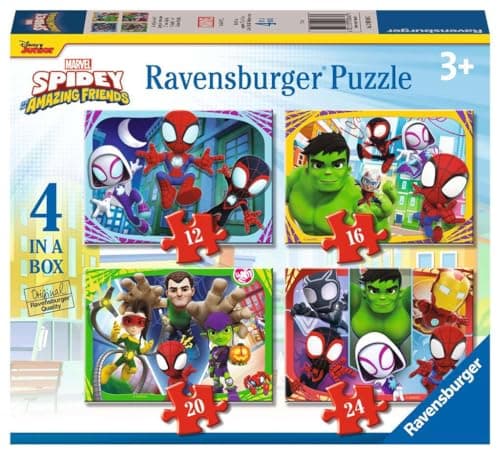 Four colorful puzzles featuring Spidey and his friends, showcasing vibrant scenes with characters like Spider-Man and the Green Goblin, each with different piece counts (12, 16, 20, 24).