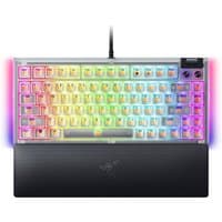 White Razer BlackWidow V4 75% gaming keyboard with RGB backlit keys, USB connection, and detachable wrist rest.