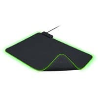 Black Razer Goliathus Chroma gaming mouse pad with green LED lighting and USB cable connection.