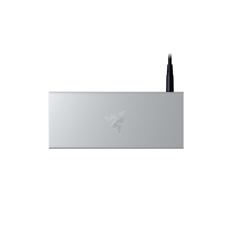 Sleek silver Razer laptop dock with a minimalist design, featuring a prominent Razer logo and a wired USB 3.2 Gen port for connectivity.