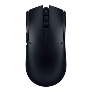 Ultra-lightweight black wireless gaming mouse with a sleek design, featuring a scroll wheel, side buttons, and a green LED indicator, optimized for esports performance.