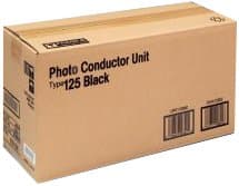 Brown cardboard box labeled "Photo Conductor Unit Type 125 Black" with black text and barcodes, designed for Ricoh Aficio CL printers, indicating a drum kit for 18K pages at 5%.