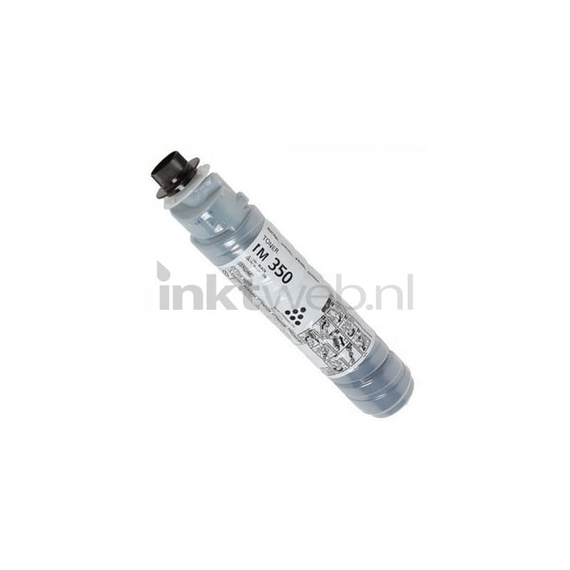 Gray toner cartridge with a black cap, labeled "IM 350," designed for Ricoh printers, capable of printing up to 9,000 pages per ISO/IEC 19752 standards.
