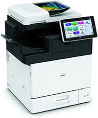 Compact black and white multifunction printer with a sleek white body, featuring a touchscreen control panel and multiple paper trays for A4 printing at 30 ppm.