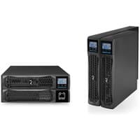 Black Riello Sentinel Dual2 2200 UPS with LCD display, vented front panels, and dual tower or rack-mountable design.