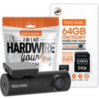 Black Road Angel Halo Spark Deluxe 1080p dash cam with lens, 64GB MicroSD card, and hardwire kit packaging.