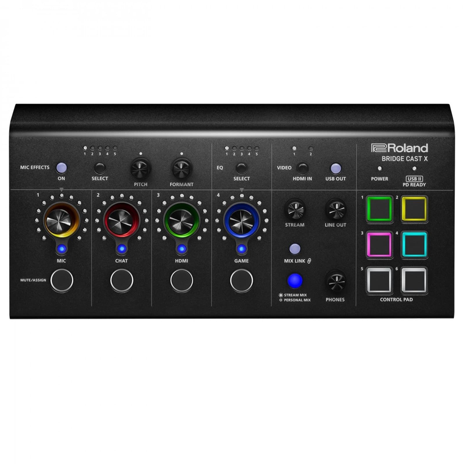 Roland Bridge Cast X features a sleek black design with multiple knobs for mic effects, chat, pitch, and EQ, along with HDMI inputs, USB output, and colorful control pads.
