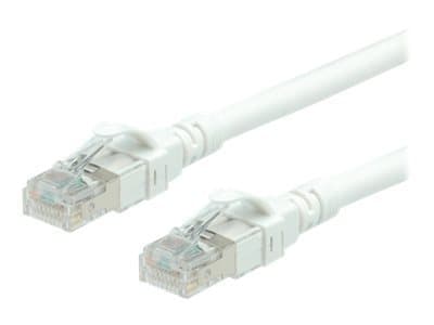 White 1-meter Cat6 Ethernet cable with unshielded design, featuring low smoke zero halogen sheath and transparent connectors on both ends.