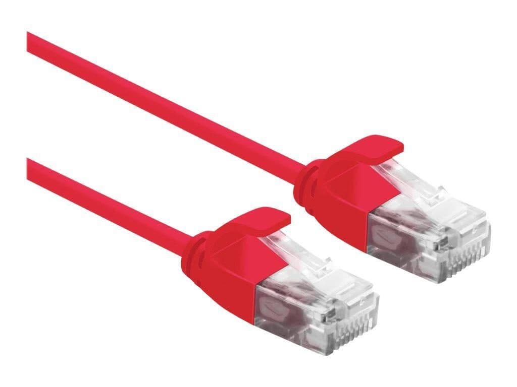 Red 2-meter Cat6a U/UTP networking cable featuring clear plastic connectors with a locking tab on both ends.
