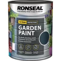 Ronseal Garden Paint 2.5L can, Black Bird color, for sheds, fences, brick, terracotta, with colorful garden images.