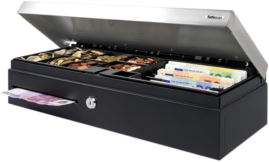 Black metal cash drawer with a stainless steel flip top, featuring 8 coin compartments and 4 note slots, securely locked with a key.