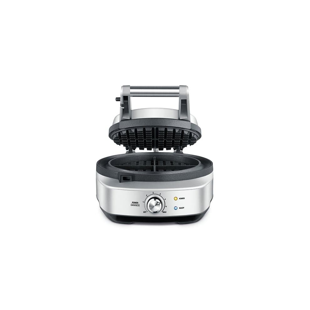 Sage BWM520BSSUK No Mess Waffle Maker in stainless steel with a sleek design, featuring a non-stick cooking surface, adjustable temperature dial, and a removable drip tray.