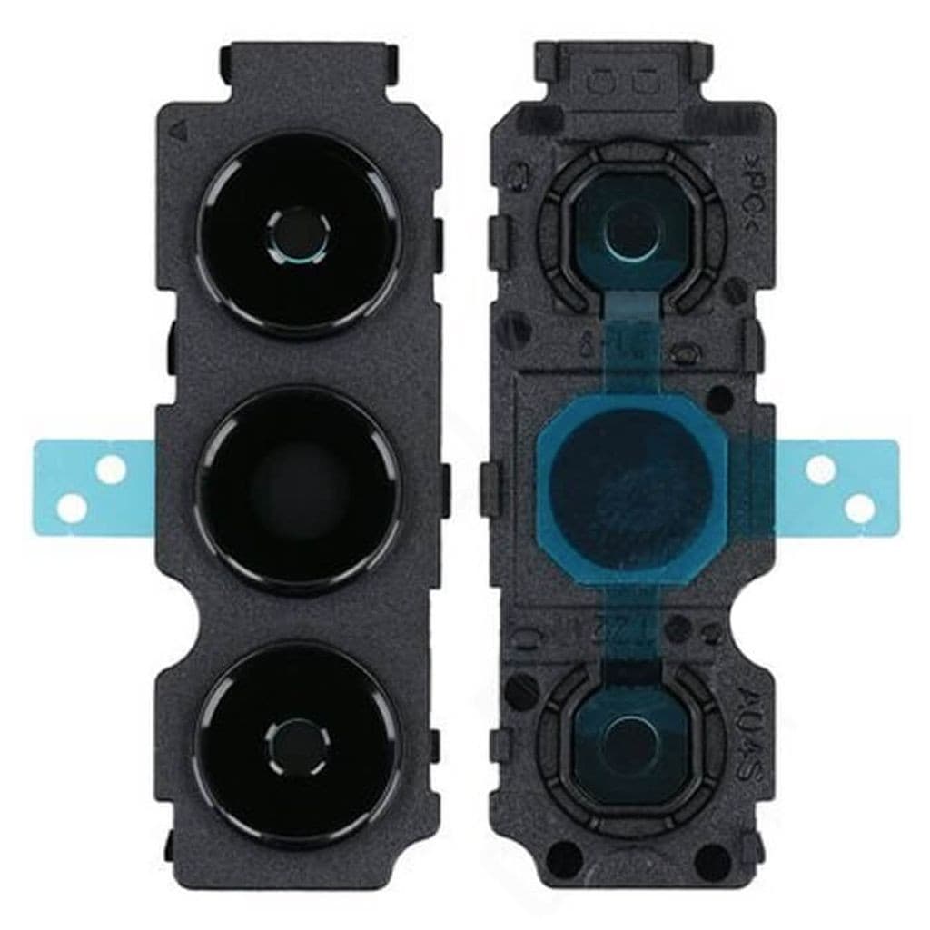 Samsung camera frame lock featuring a black plastic body with three circular lens openings, highlighted by a blue adhesive strip in the center.