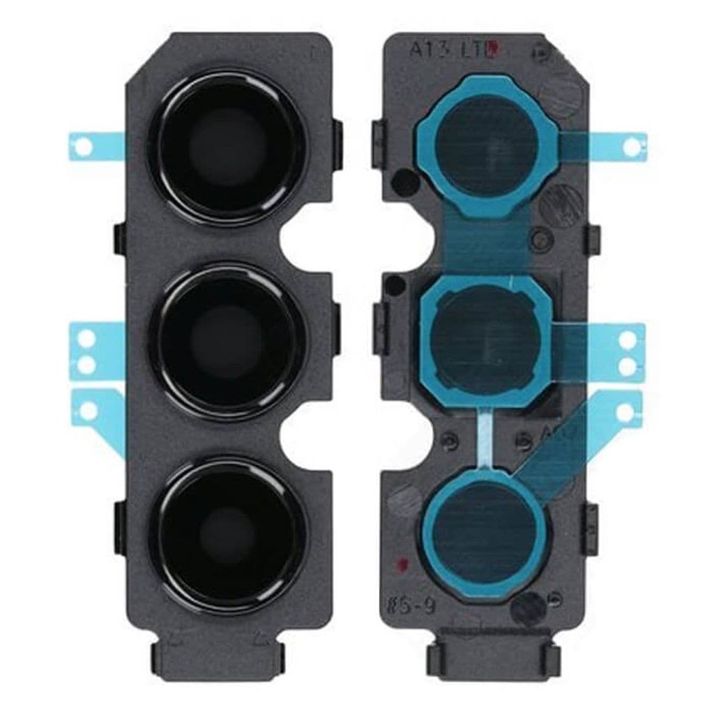 Samsung 135 13 camera frame featuring three circular black lens openings, surrounded by a black plastic body with blue adhesive strips for secure attachment.