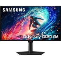 Samsung 27" Odyssey OLED G6 gaming monitor with vibrant cosmic design, slim bezels, and sturdy black stand.