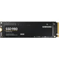 Black Samsung 980 500GB M.2 NVMe SSD with gold connector and white branding on a rectangular circuit board.