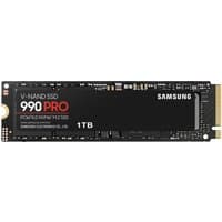 Black Samsung 990 PRO 1TB NVMe SSD with gold connector and red "PRO" text on label.