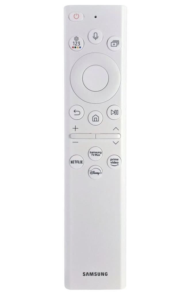White Samsung ECO SMR CONTROL2022 V remote featuring a circular navigation pad, dedicated buttons for Netflix, Disney+, and Prime Video, and a sleek, minimalist design.
