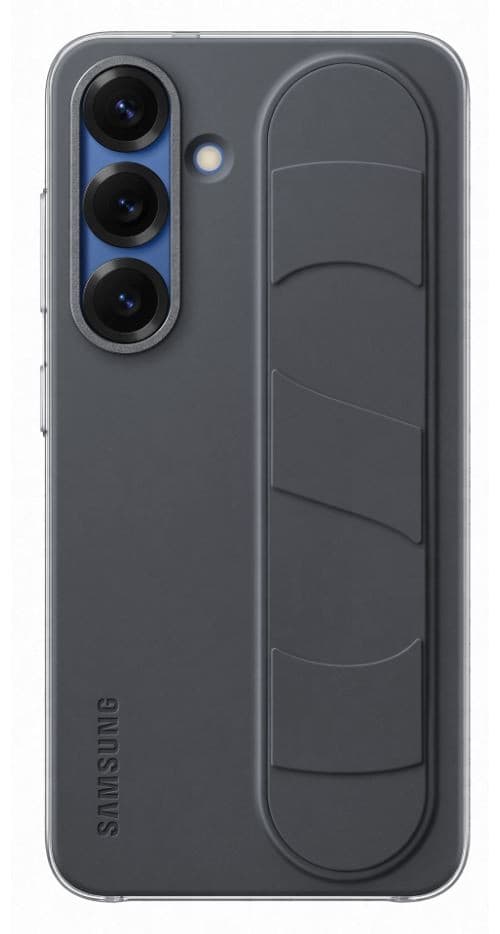 Black Samsung Official Standing Grip Case for Galaxy S25 5G, featuring a textured grip design and three camera cutouts on the back.