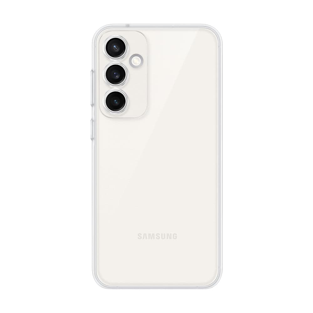 Clear protective case designed for Galaxy S23 FE, featuring a transparent plastic material and cutouts for camera lenses and buttons, with the Samsung logo visible on the back.