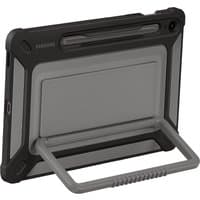 Black Samsung tablet cover with rugged edges, built-in stand, and precise cutouts for camera and ports.