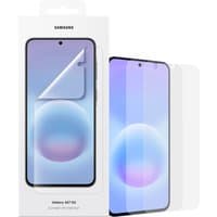 Clear Samsung screen/back protector for Galaxy A57, shown in packaging with phone illustration.