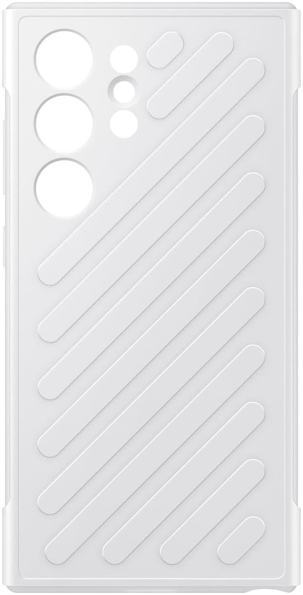 White Samsung Etui Shield Case for S24 Ultra, featuring a textured diagonal stripe design and cutouts for camera lenses and buttons.