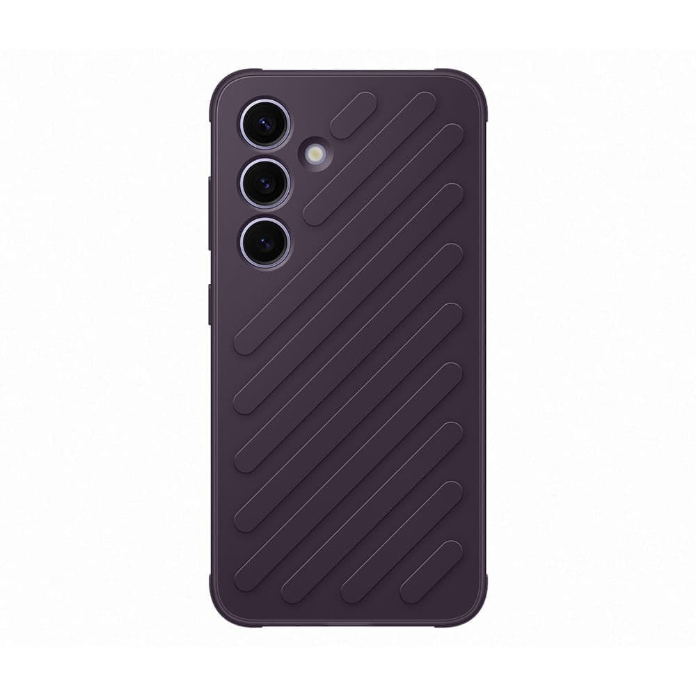 Samsung Etui Shield case for S24 in dark violet, featuring a textured surface with diagonal lines and cutouts for three camera lenses.