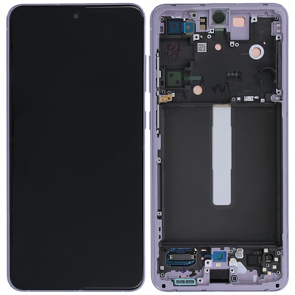 Samsung G990 S21 FE LCD in violet, featuring a sleek front display with a black screen and a detailed back panel showing internal components and connectors.