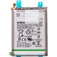 Rectangular Samsung Galaxy A13 5G battery with printed text, icons, and blue pull tabs on top.