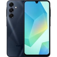 Samsung Galaxy A16 5G phone, black with triple rear cameras, large display, and sleek design.