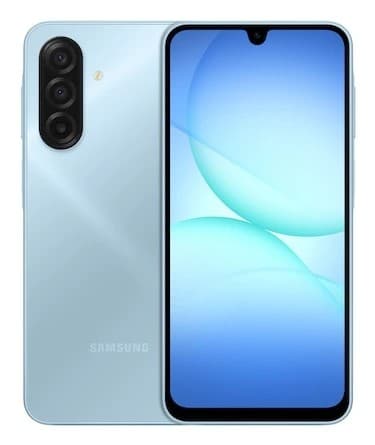 Light blue Samsung Galaxy A17 smartphone with a 6.7-inch display, hybrid dual SIM, 8 GB RAM, 256 GB storage, USB Type-C port, and a sleek design.