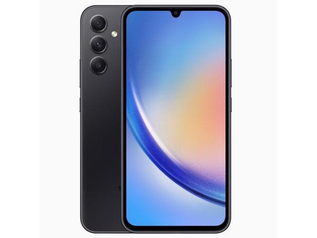 Samsung Galaxy A34 5G in black features a 6.6-inch display, three rear cameras, dual SIM capability, and a USB Type-C port.