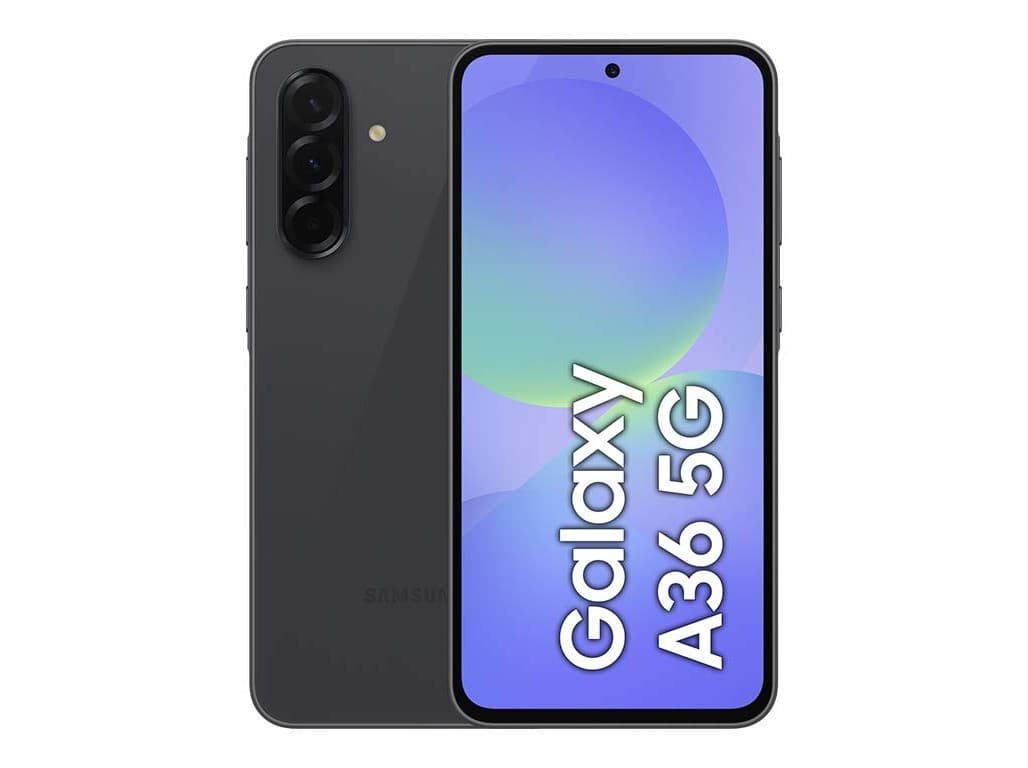Samsung Galaxy A36 5G smartphone in black, featuring a sleek design, dual SIM capability, 6GB RAM, 128GB storage, and a vibrant display with rounded edges.