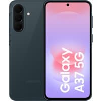 Black Samsung Galaxy A37 5G smartphone with triple rear cameras and 6.7-inch display showing "Galaxy A37 5G" text.
