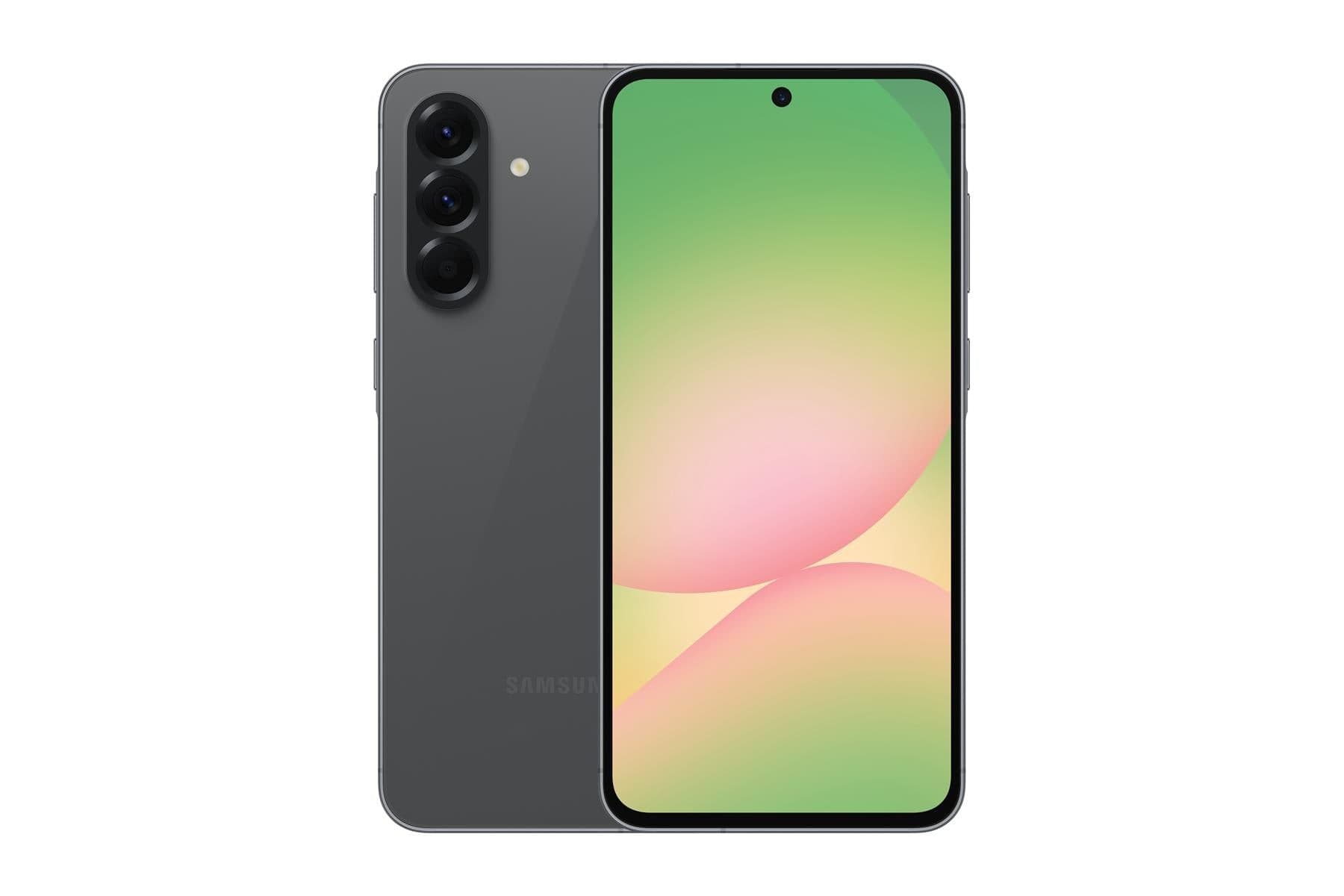 Samsung Galaxy A56 in sleek gray, featuring a 6.7-inch vibrant display with a central punch-hole camera, dual SIM capability, and USB Type-C port.